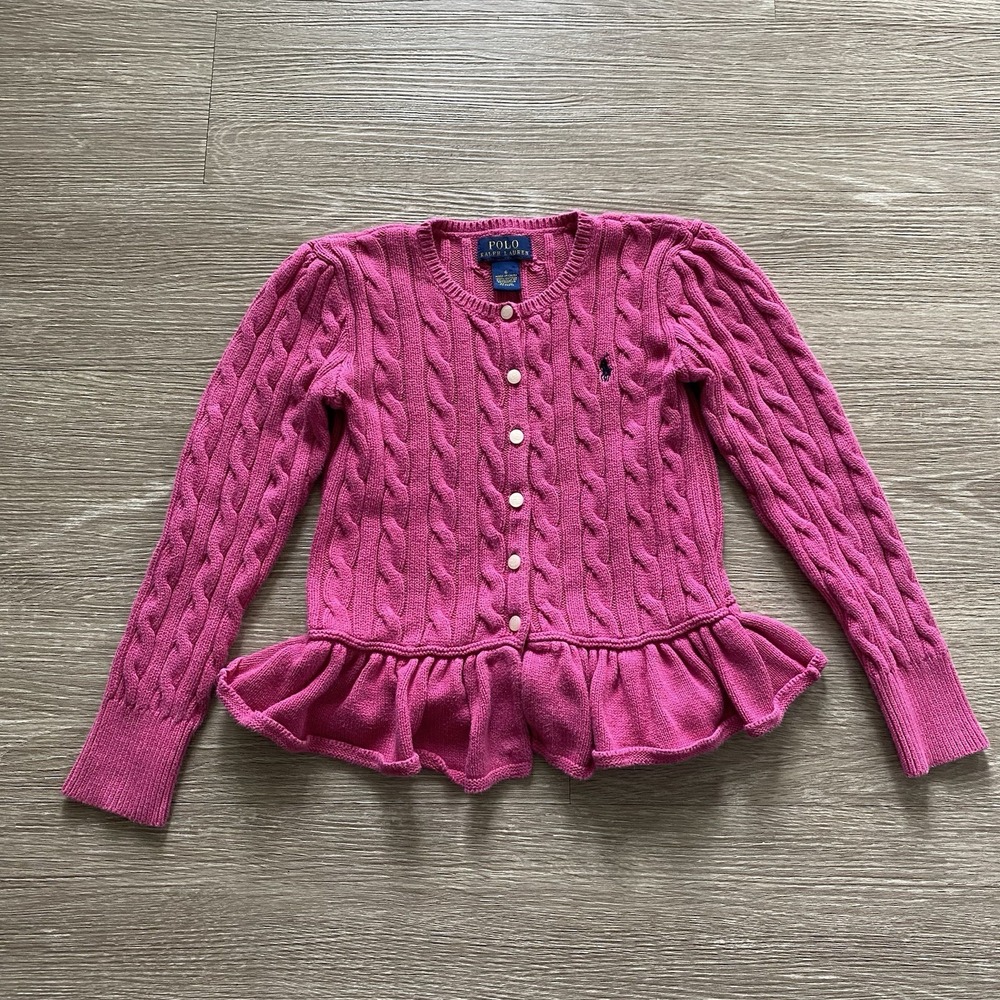 Polo Ralph Lauren Cable Knit Peplum Ruffle Sweater Cardigan Girls 6 Pink Cotton